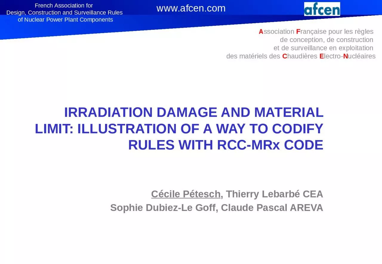 PPT-IRRADIATION DAMAGE AND MATERIAL LIMIT: ILLUSTRATION OF A WAY TO CODIFY RULES WITH RCC-