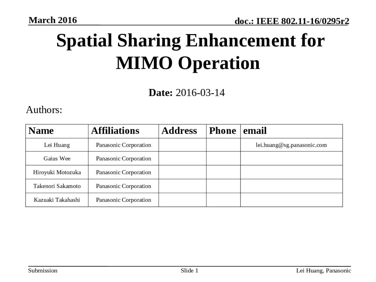 PPT-March 2016 Lei Huang, Panasonic