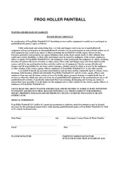 FROG HOLLER PAINTBALL WAIVER AND RELEASE OF LIABILITY