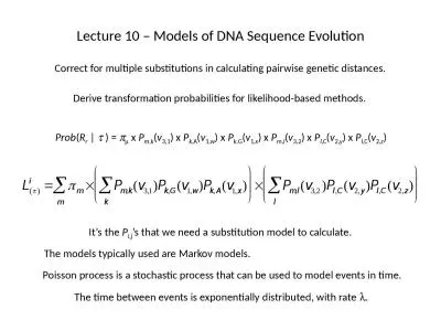 Lecture 10 – Models of DNA Sequence Evolution