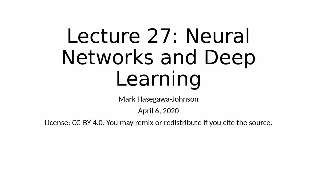 PPT-Lecture 27: Neural Networks and Deep Learning