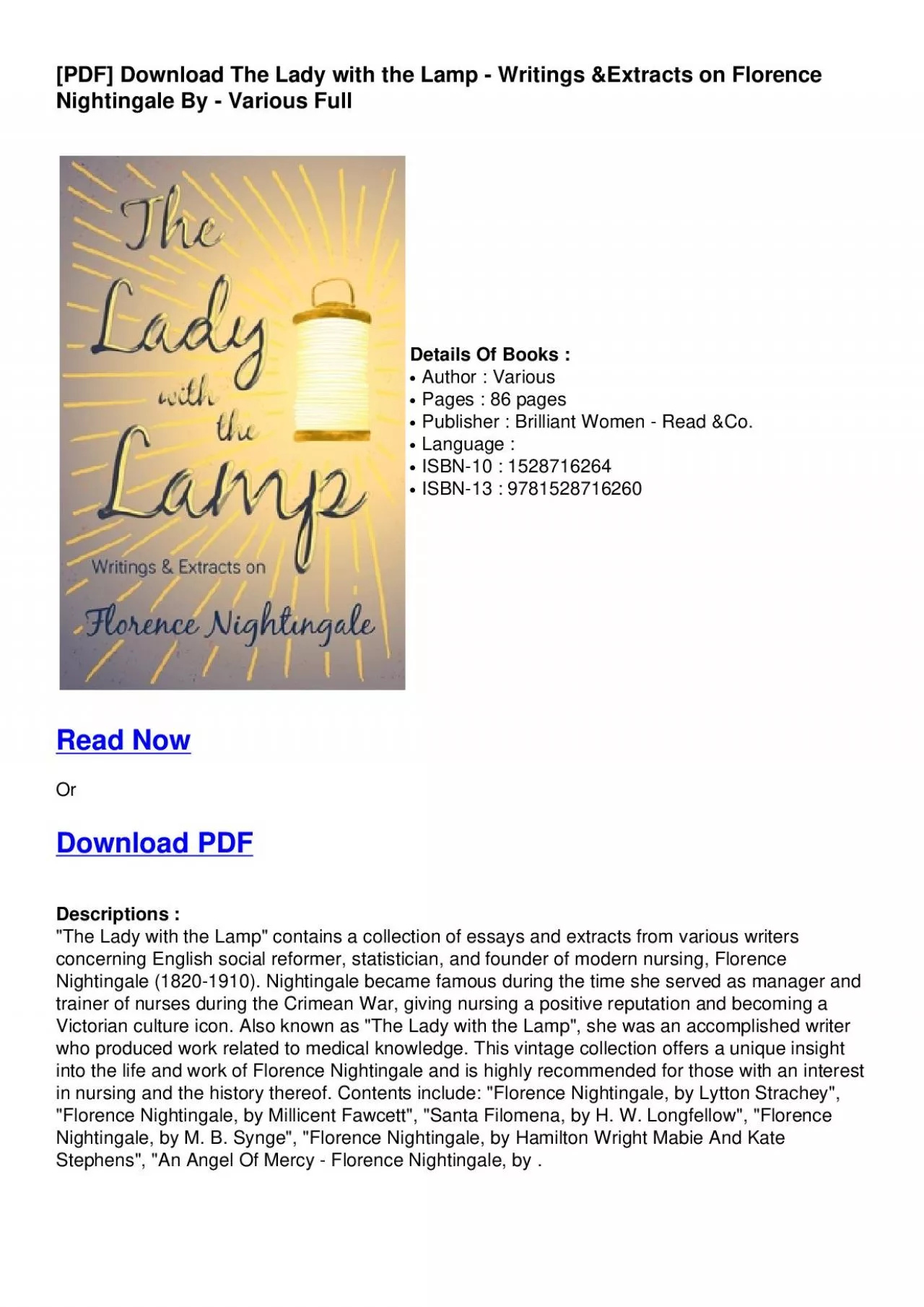Download [PDF] The Lady with the Lamp - Writings & Extracts on Florence Nightingale