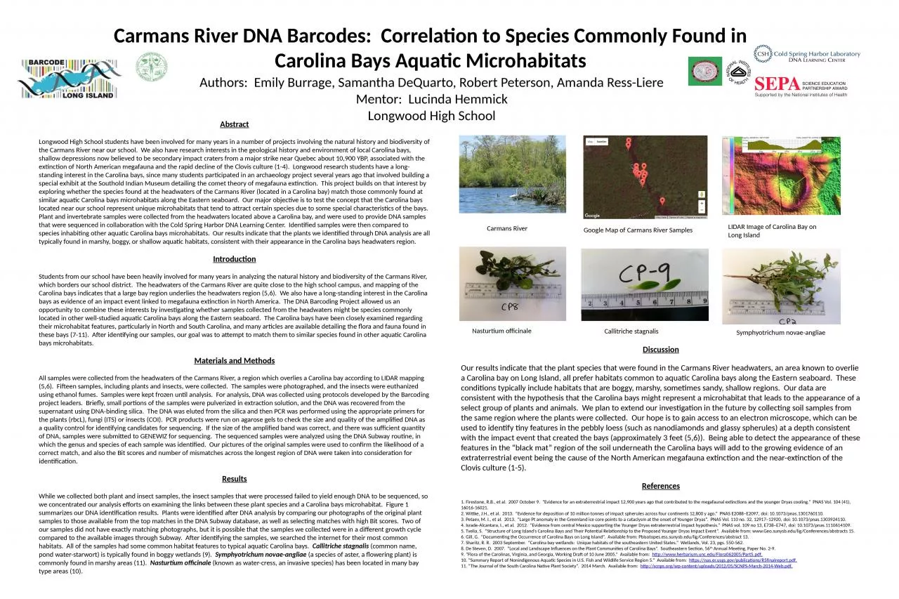 PPT-Carmans River DNA Barcodes: Correlation to Species Commonly Found in Carolina Bays Aquatic