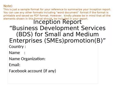 Inception Report “Business Development Services (BDS) for Small and Medium Enterprises