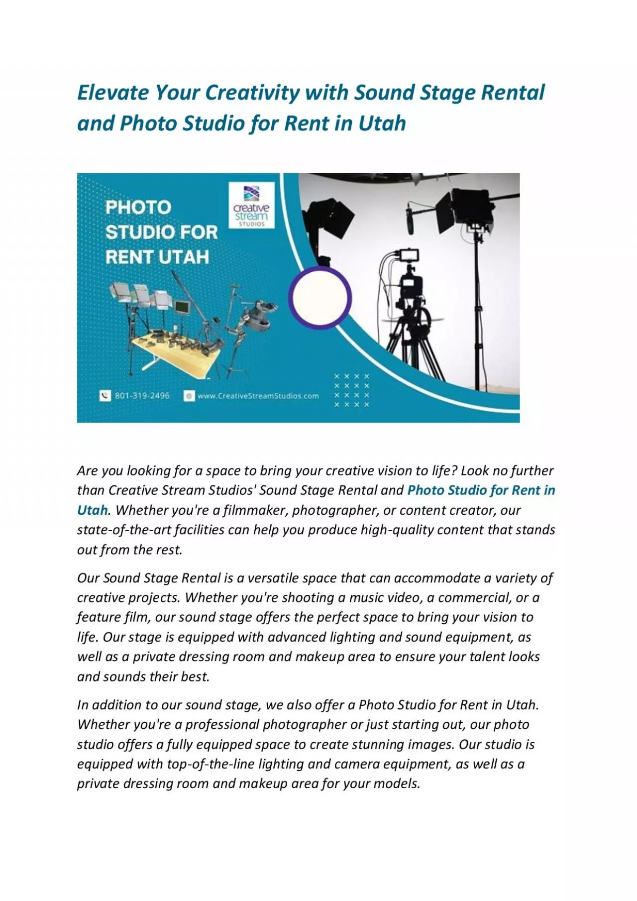 Elevate Your Creativity with Sound Stage Rental and Photo Studio for Rent in Utah