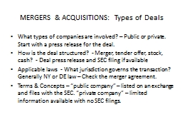 MERGERS & ACQUISITIONS: Types of Deals