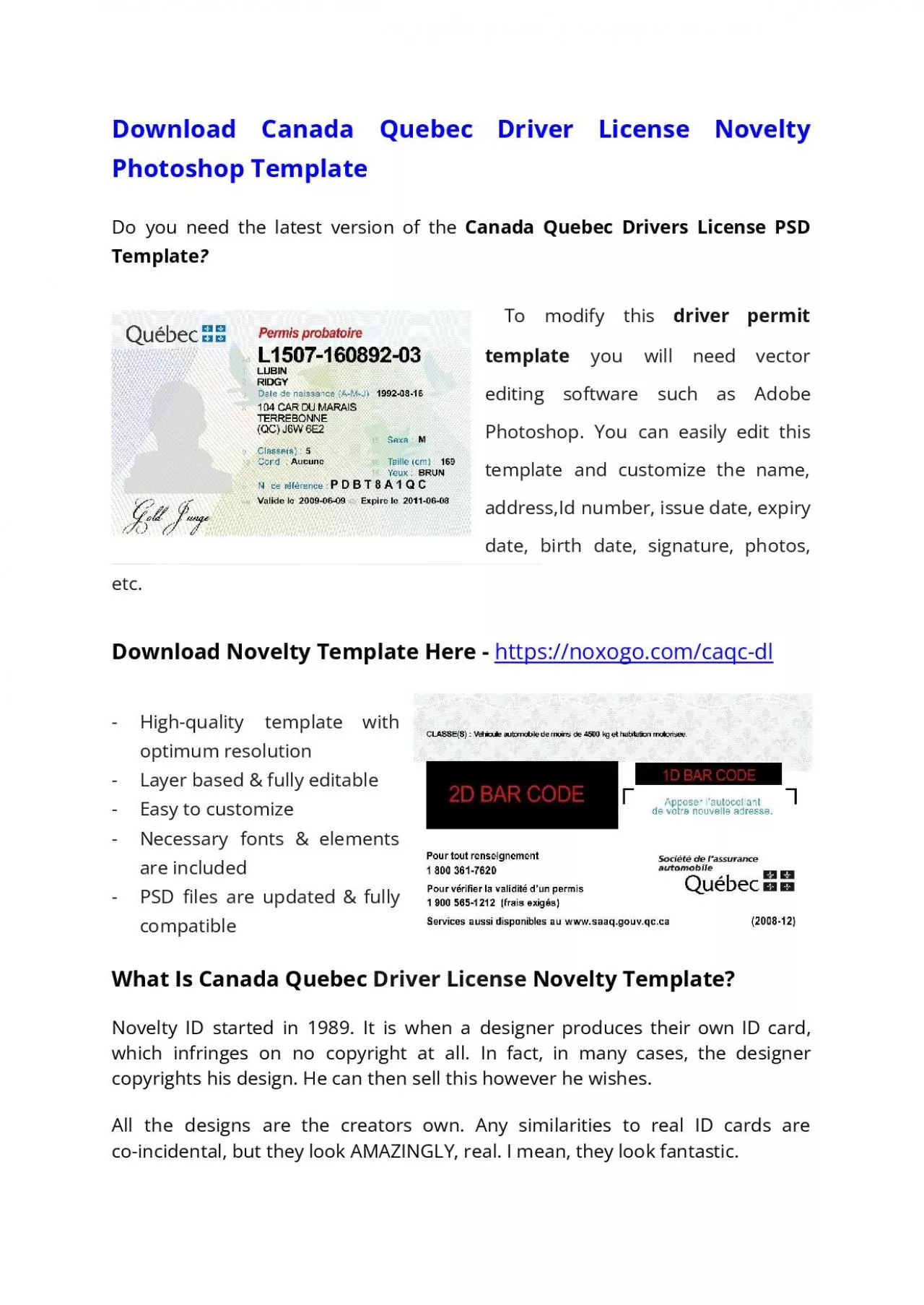 Canada Quebec Drivers License PSD Template – Download Photoshop File