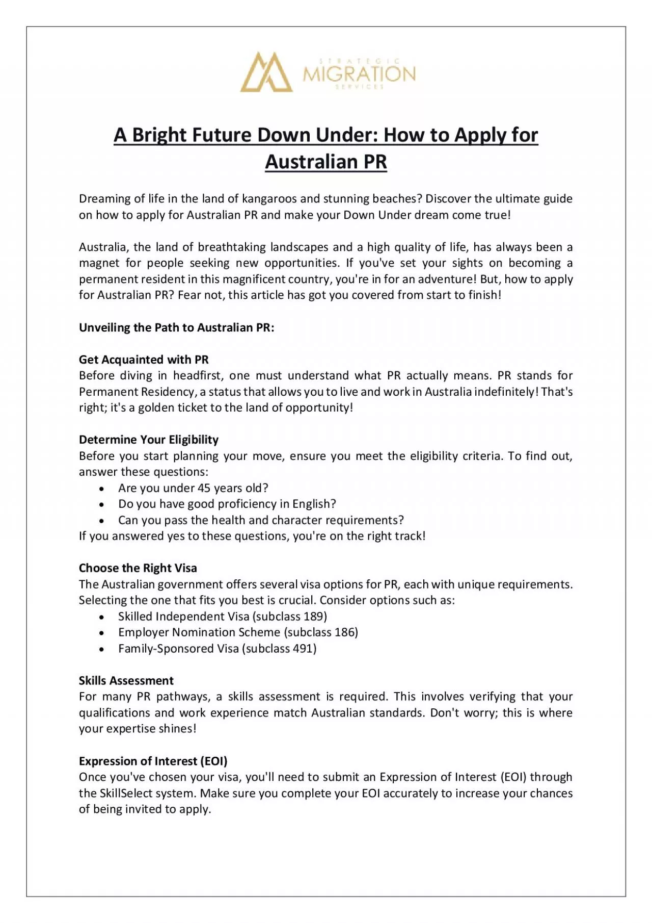 PDF-A Bright Future Down Under: How to Apply for Australian PR