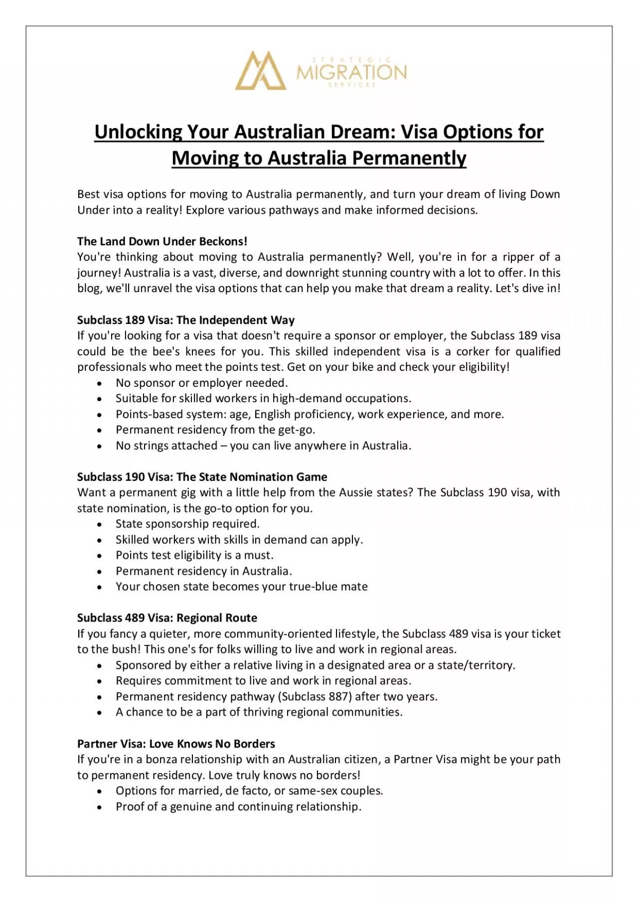 Visa Options for Moving to Australia Permanently