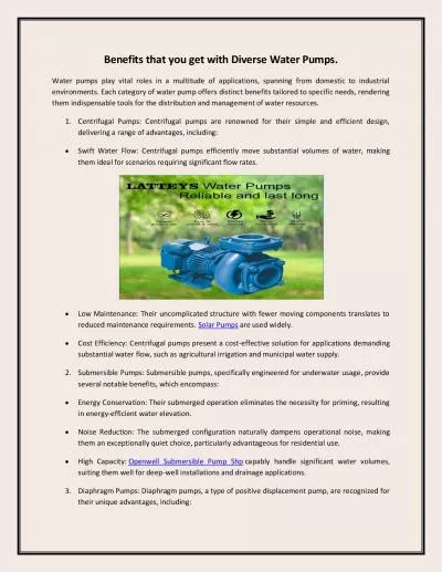 Benefits that you get with Diverse Water Pumps.