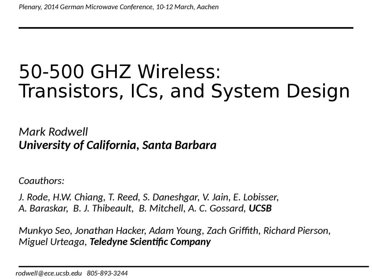 PPT-50-500 GHZ Wireless: Transistors, ICs, and System Design