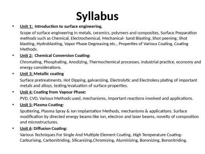 Syllabus Unit 1:    Introduction to surface engineering,