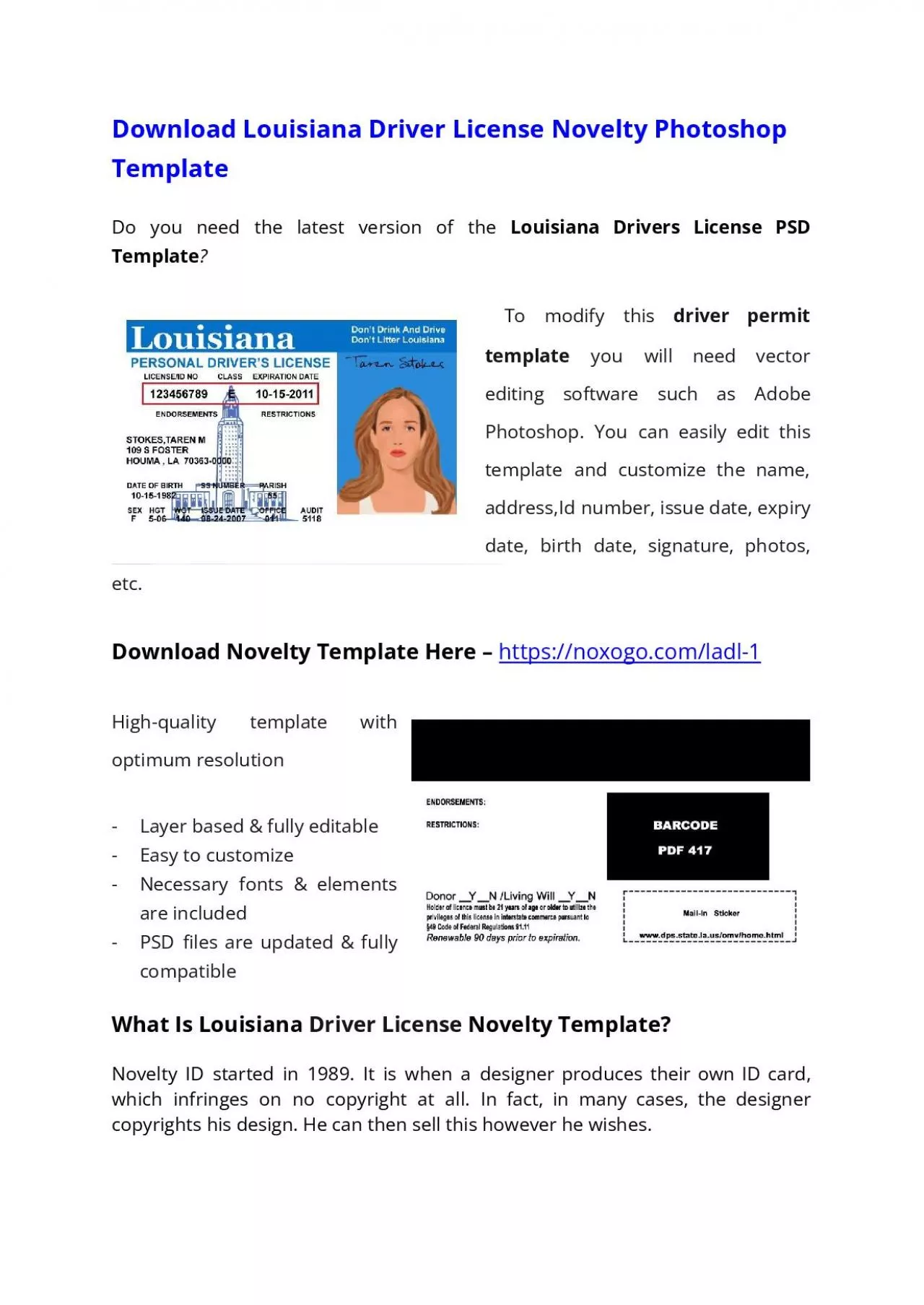 PDF-Louisiana Drivers License PSD Template – Download Photoshop File