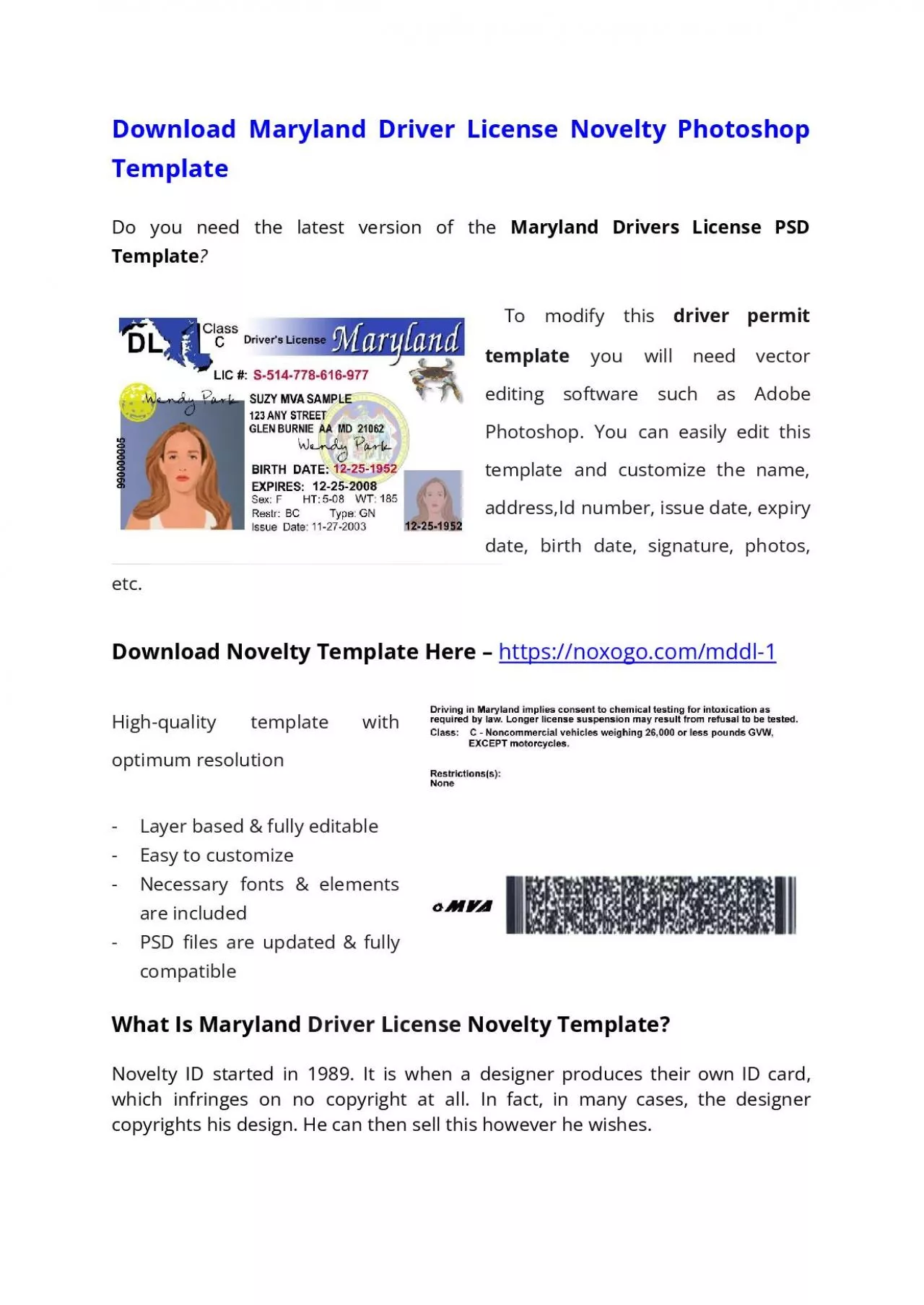 PDF-Maryland Drivers License PSD Template – Download Photoshop File