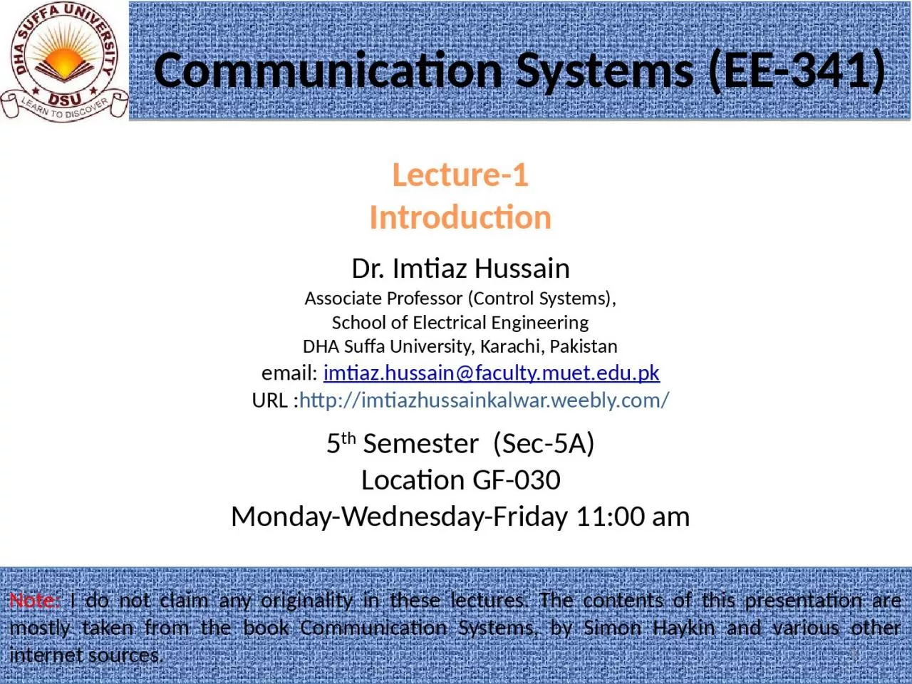 PPT-Dr. Imtiaz Hussain Associate Professor (Control Systems),