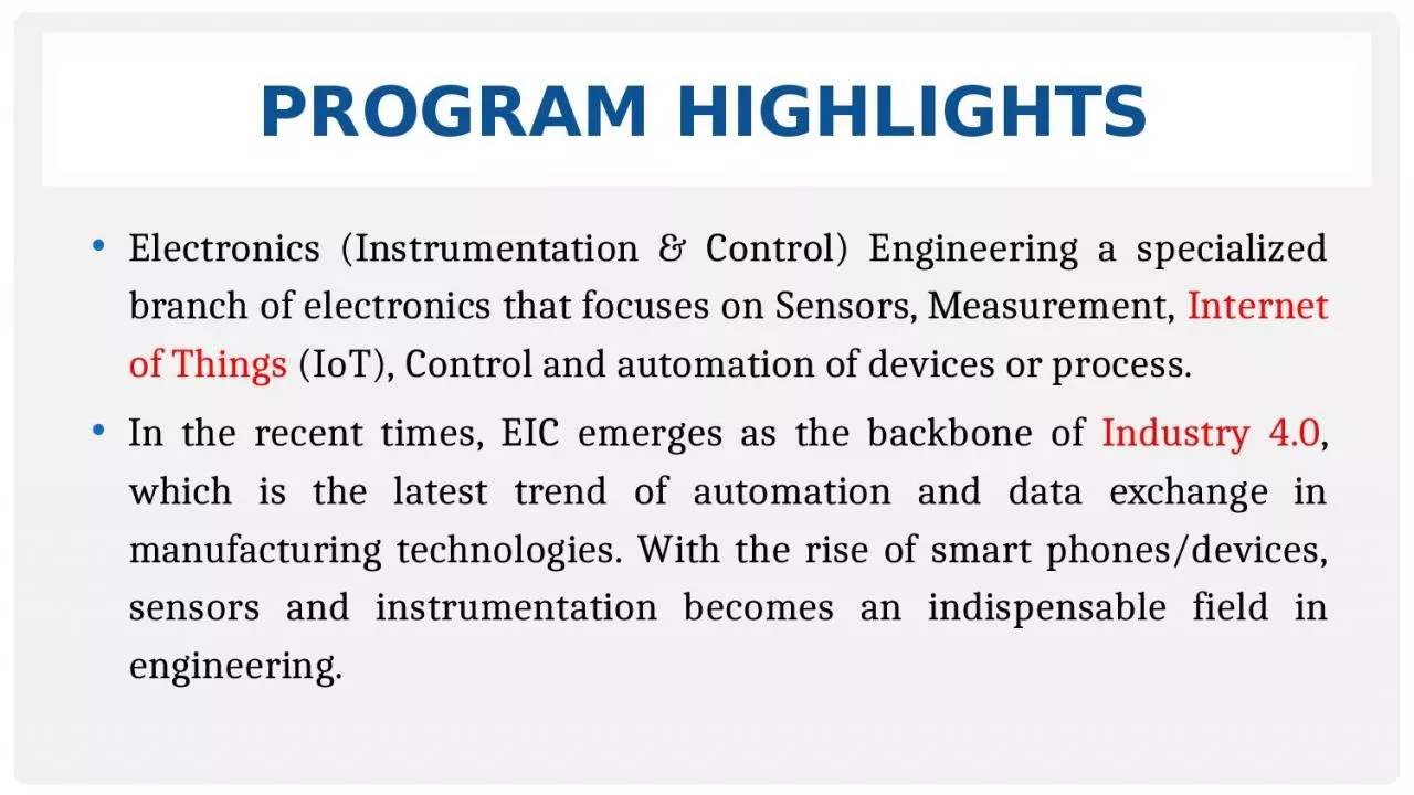 PPT-Program highlights Electronics (Instrumentation & Control) Engineering a specialized