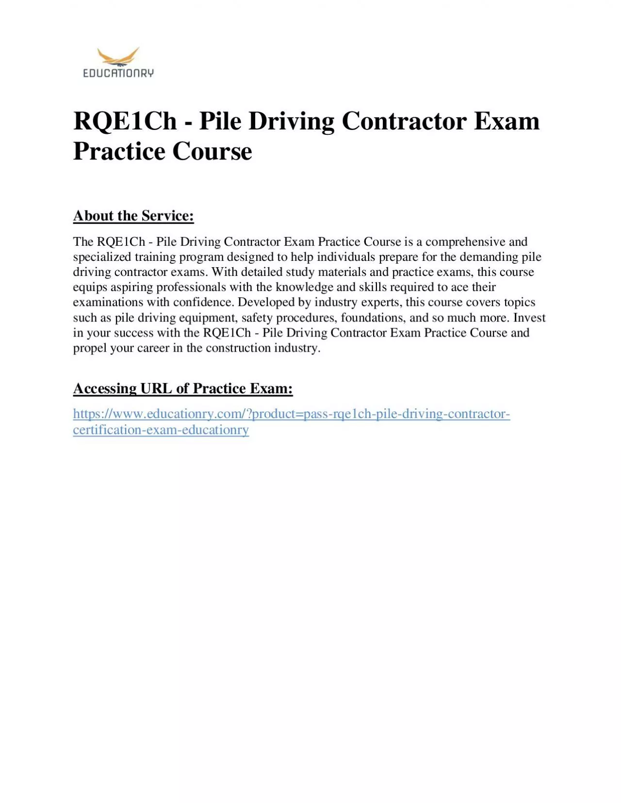 RQE1Ch - Pile Driving Contractor Exam Practice Course