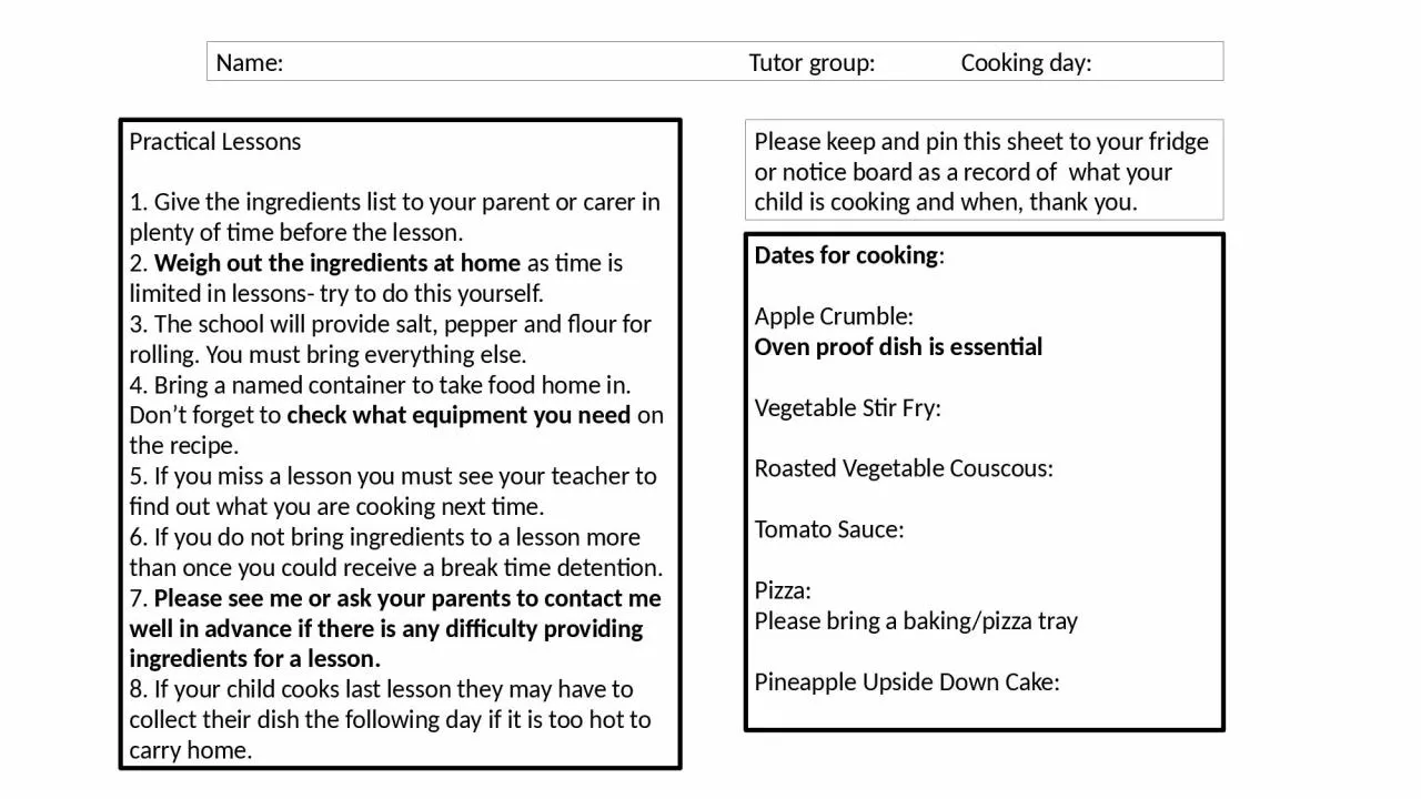 PPT-Practical Lessons 1. Give the ingredients list to your parent or carer in plenty of time