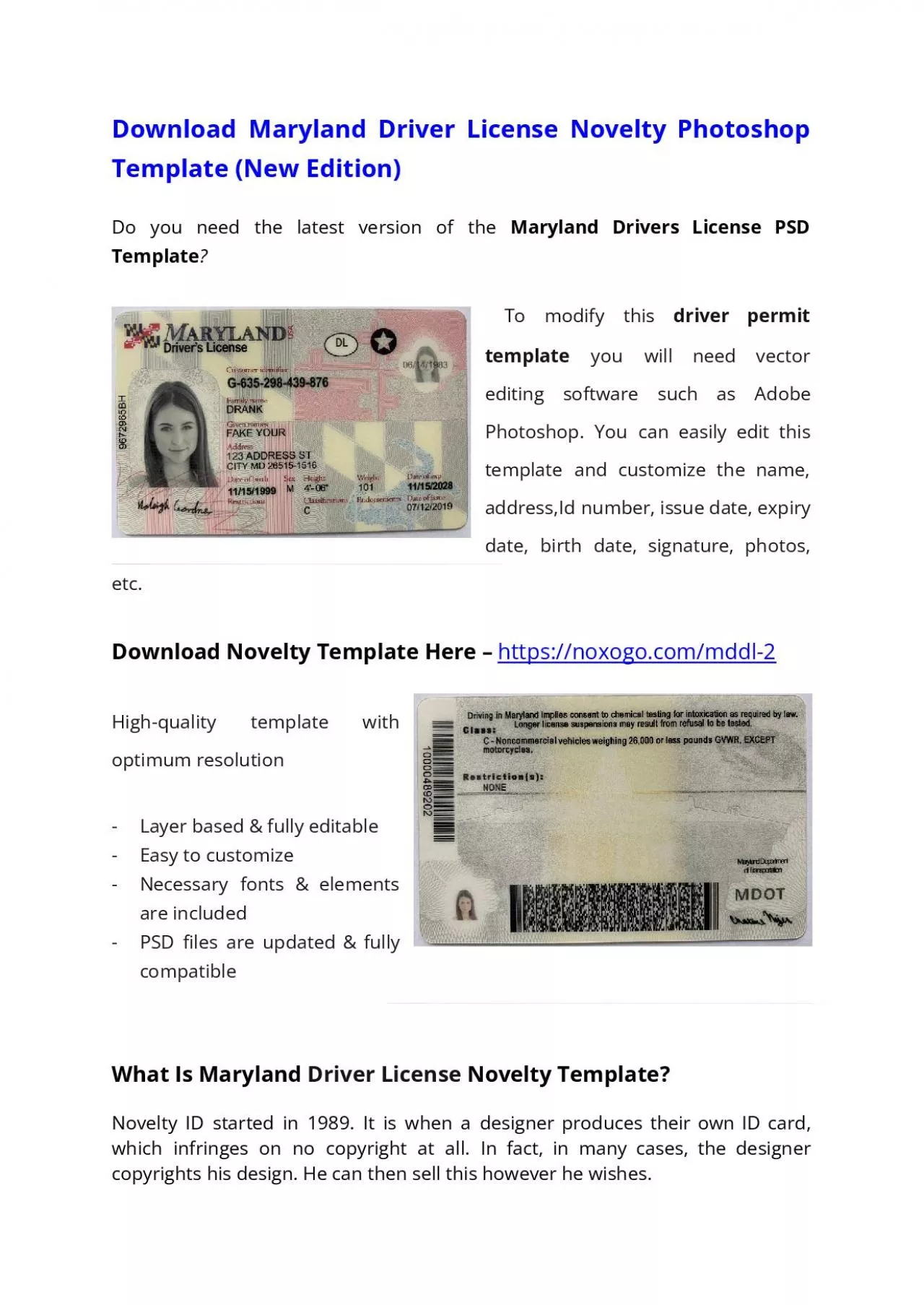 Maryland Drivers License PSD Template (New Edition) – Download Photoshop File