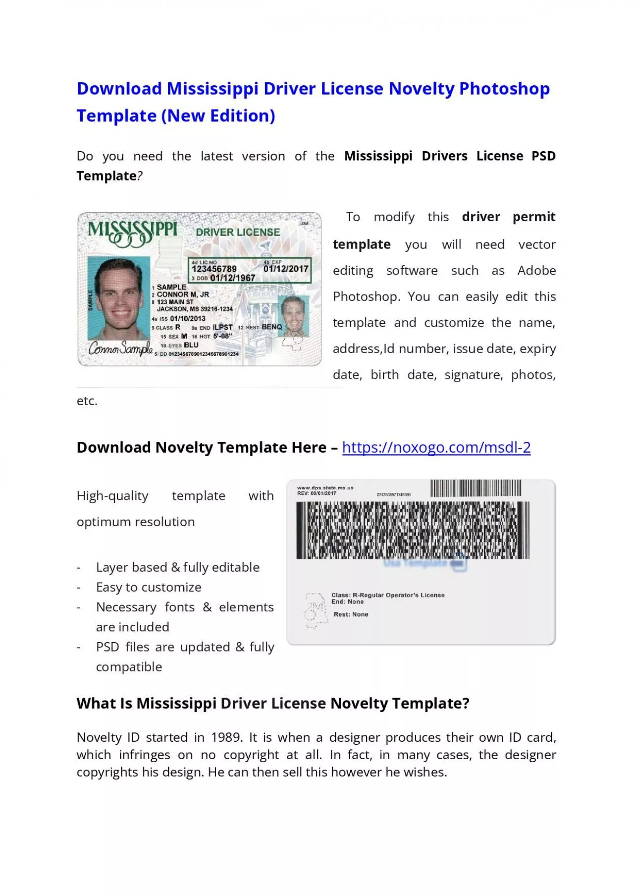 Mississippi Drivers License PSD Template (New Edition) – Download Photoshop File