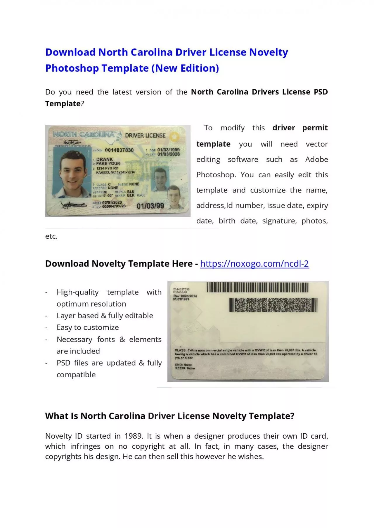North Carolina Drivers License PSD Template (New Edition) – Download Photoshop File