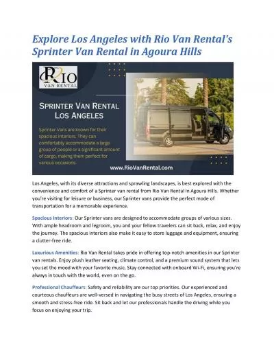 Explore Los Angeles with Rio Van Rental\'s Sprinter Van Rental in Agoura Hills