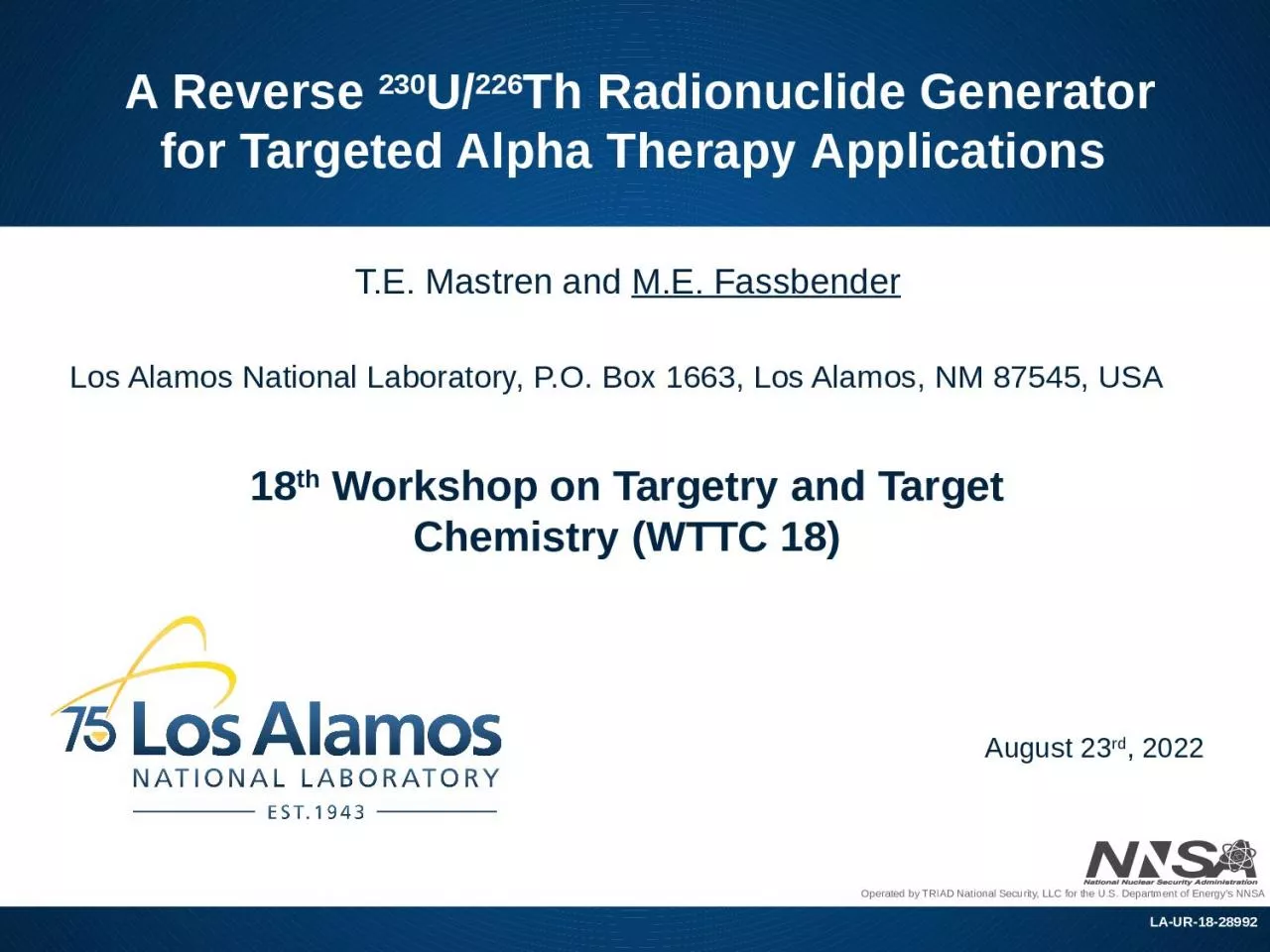 PPT-A Reverse 230 U/ 226 Th Radionuclide Generator for Targeted Alpha Therapy Applications