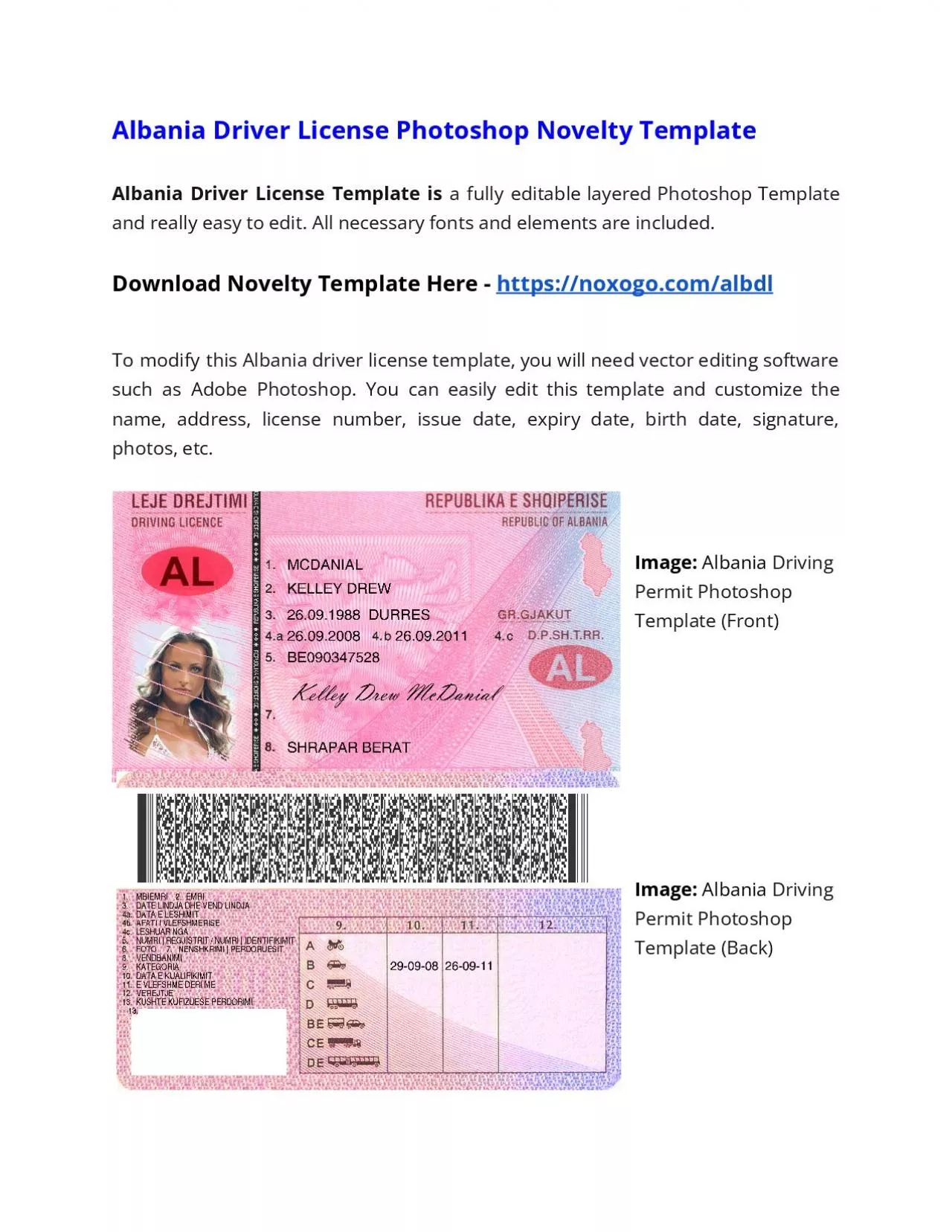 PDF-Albania Drivers License Photoshop Novelty Template