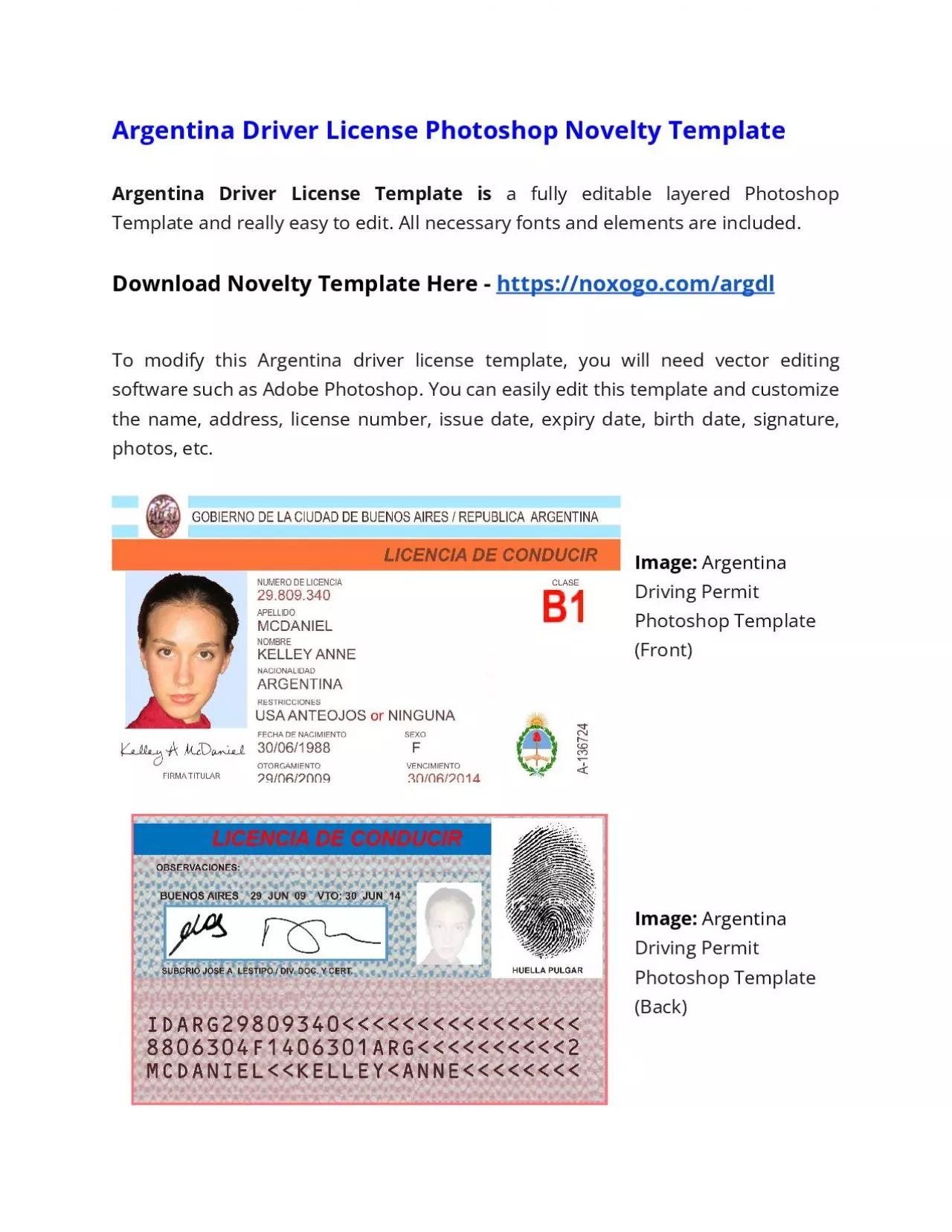 PDF-Argentina Drivers License Photoshop Novelty Template