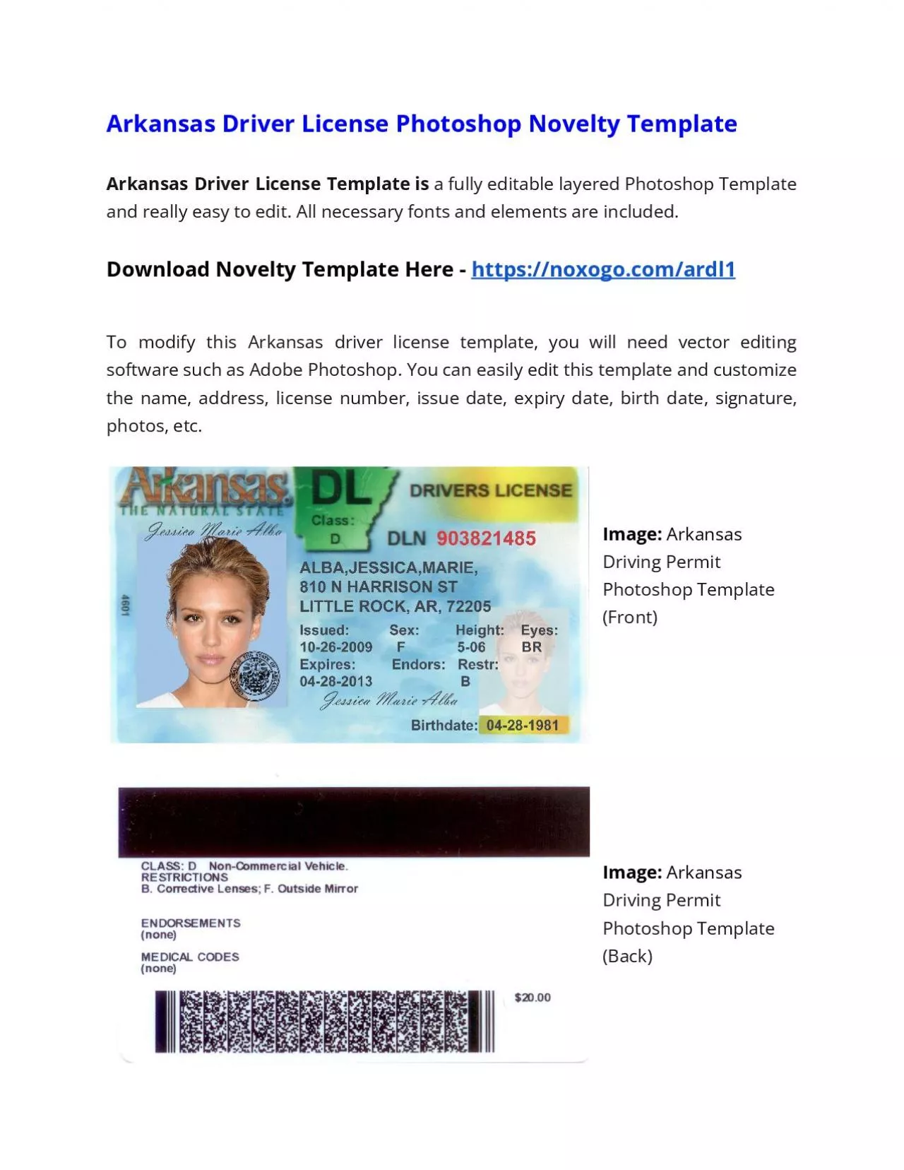 PDF-Arkansas Drivers License Photoshop Novelty Template