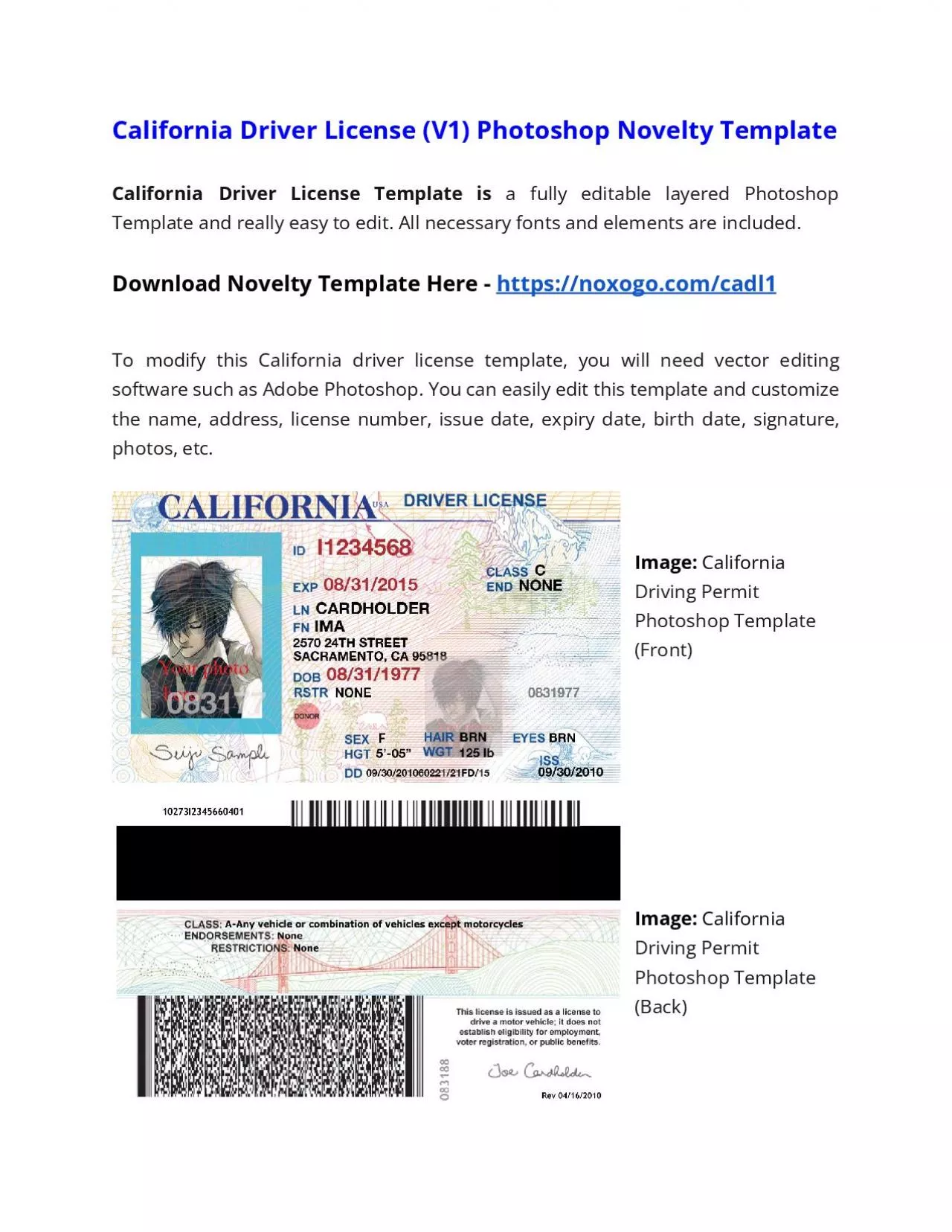 PDF-California Drivers License (V1) Photoshop Novelty Template