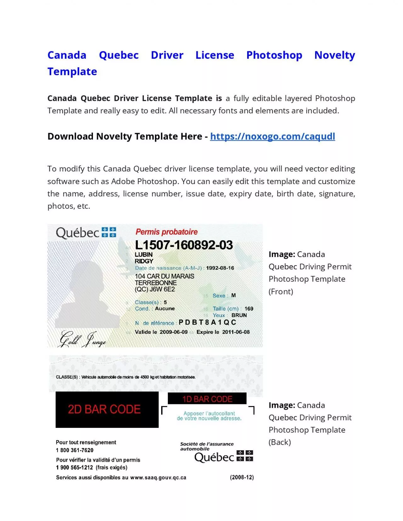 PDF-Canada Quebec Driver License Photoshop Novelty Template