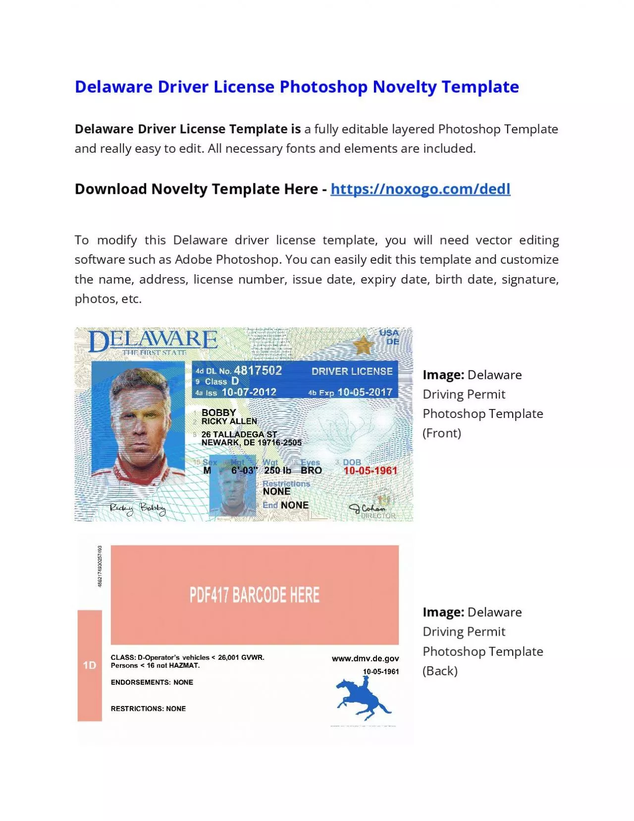 PDF-Delaware Drivers License Photoshop Novelty Template