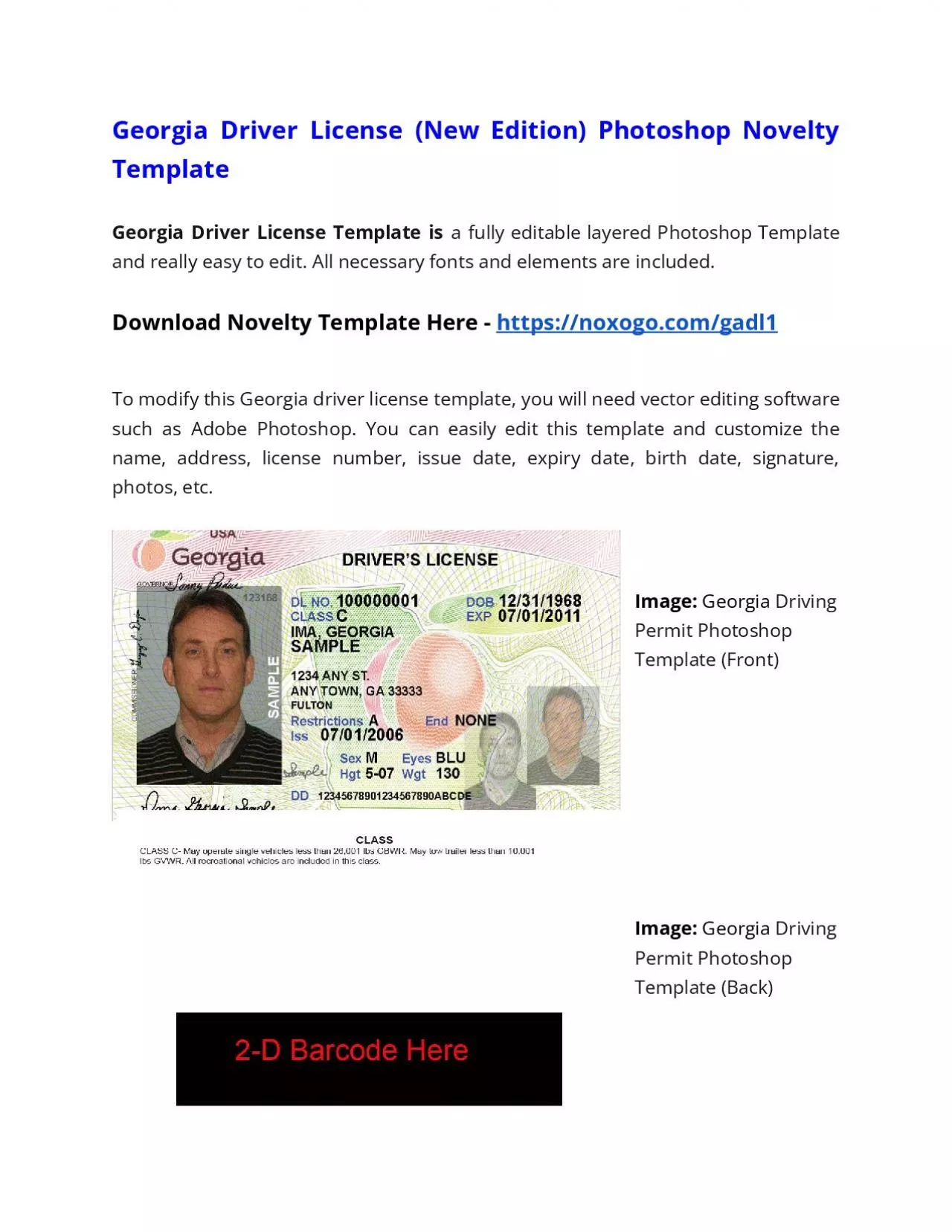 PDF-Georgia Drivers License (New Edition) Photoshop Novelty Template