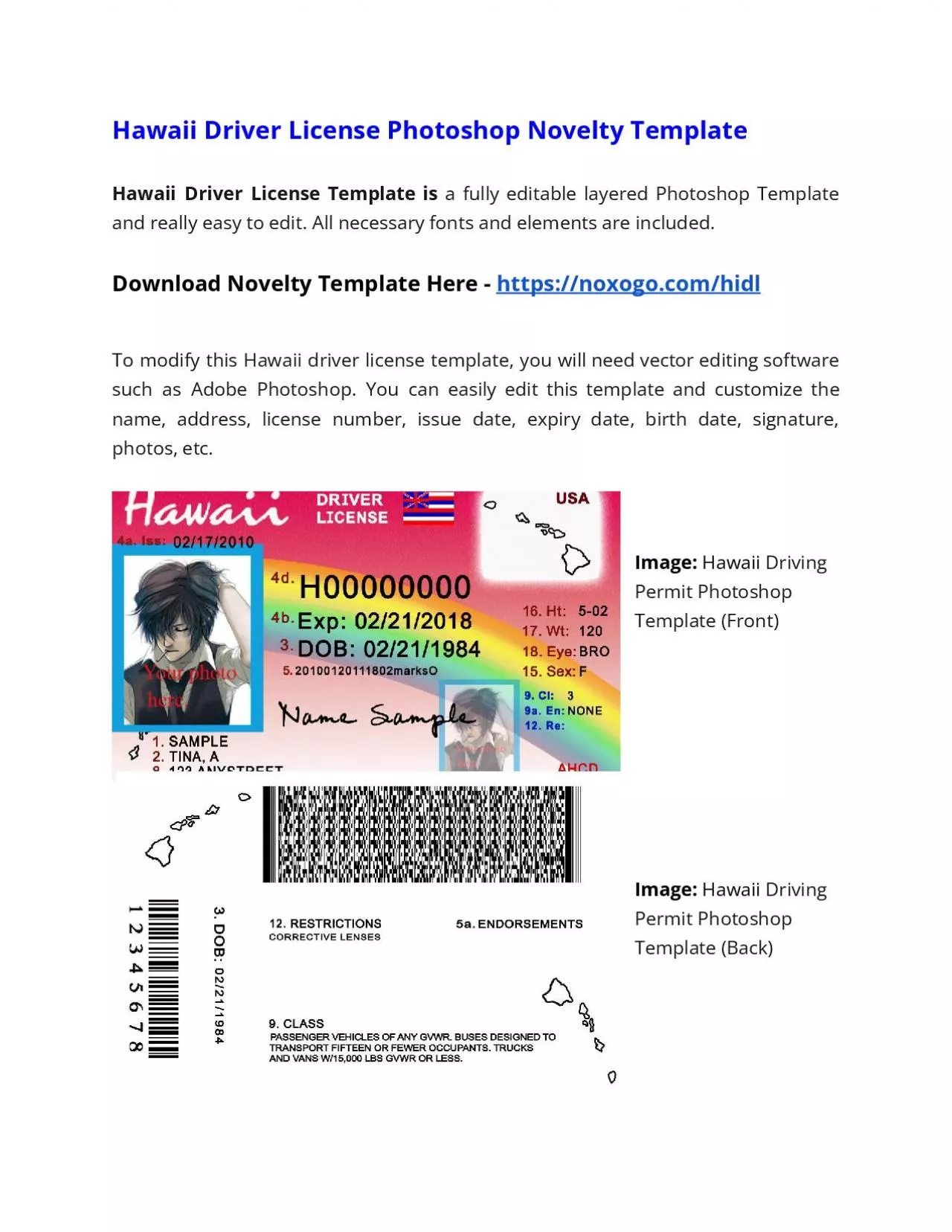 PDF-Hawaii Drivers License Photoshop Novelty Template