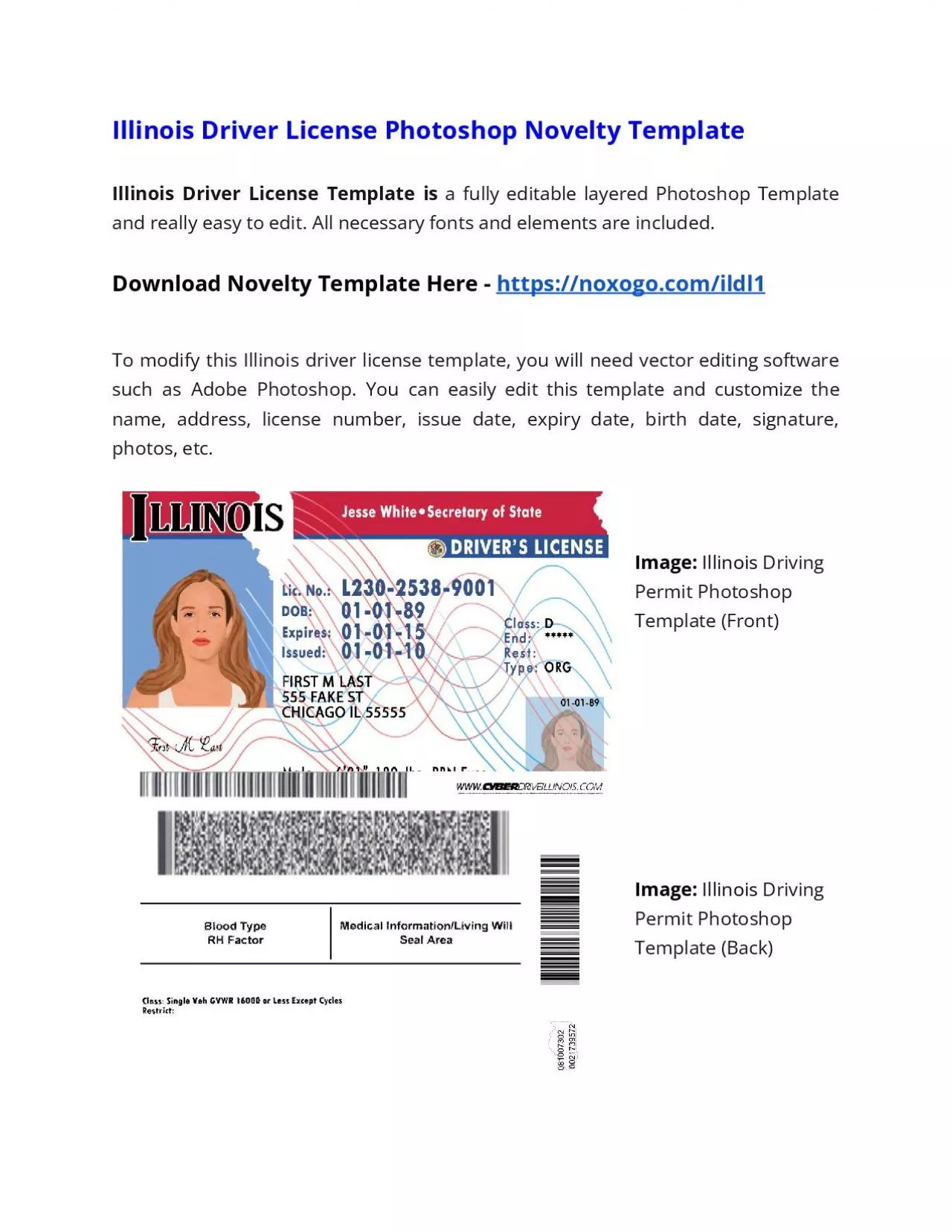 Illinois Drivers License Photoshop Novelty Template