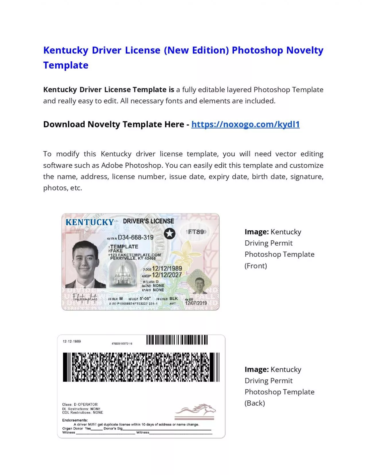 PDF-Kentucky Drivers License (New Edition) Photoshop Novelty Template