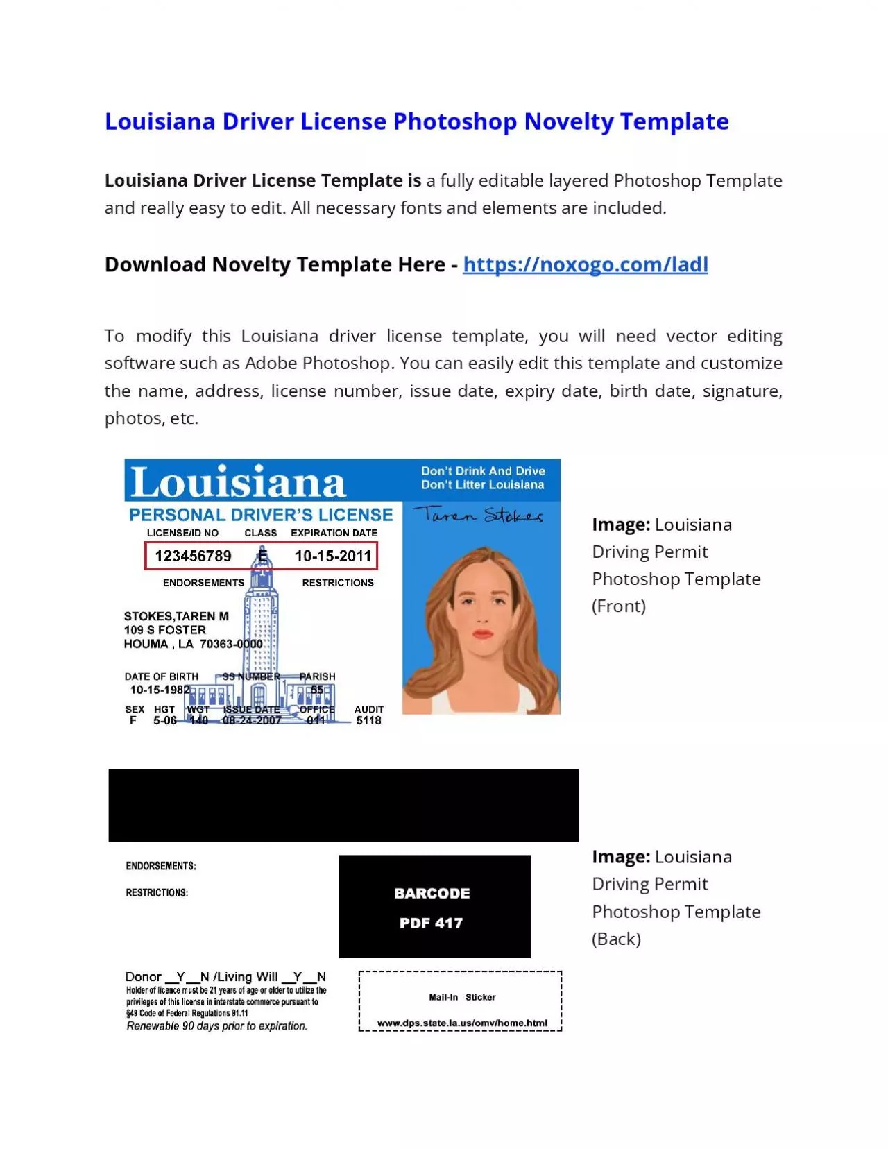 PDF-Louisiana Drivers License Photoshop Novelty Template