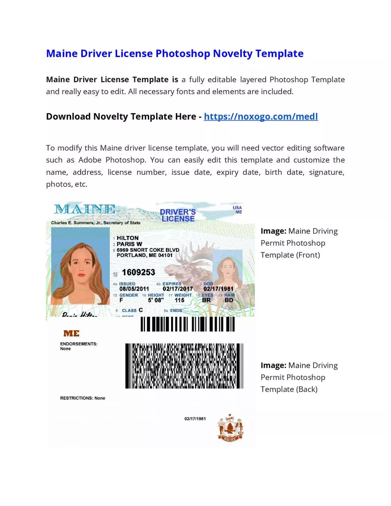 PDF-Maine Drivers License Photoshop Novelty Template