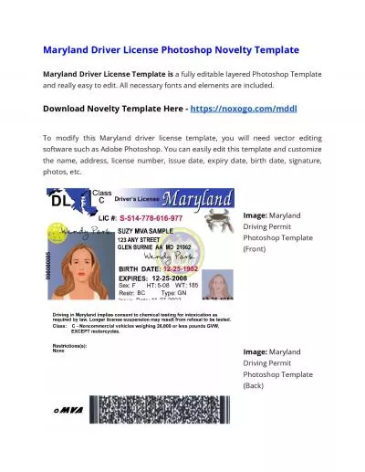 Maryland Drivers License Photoshop Novelty Template