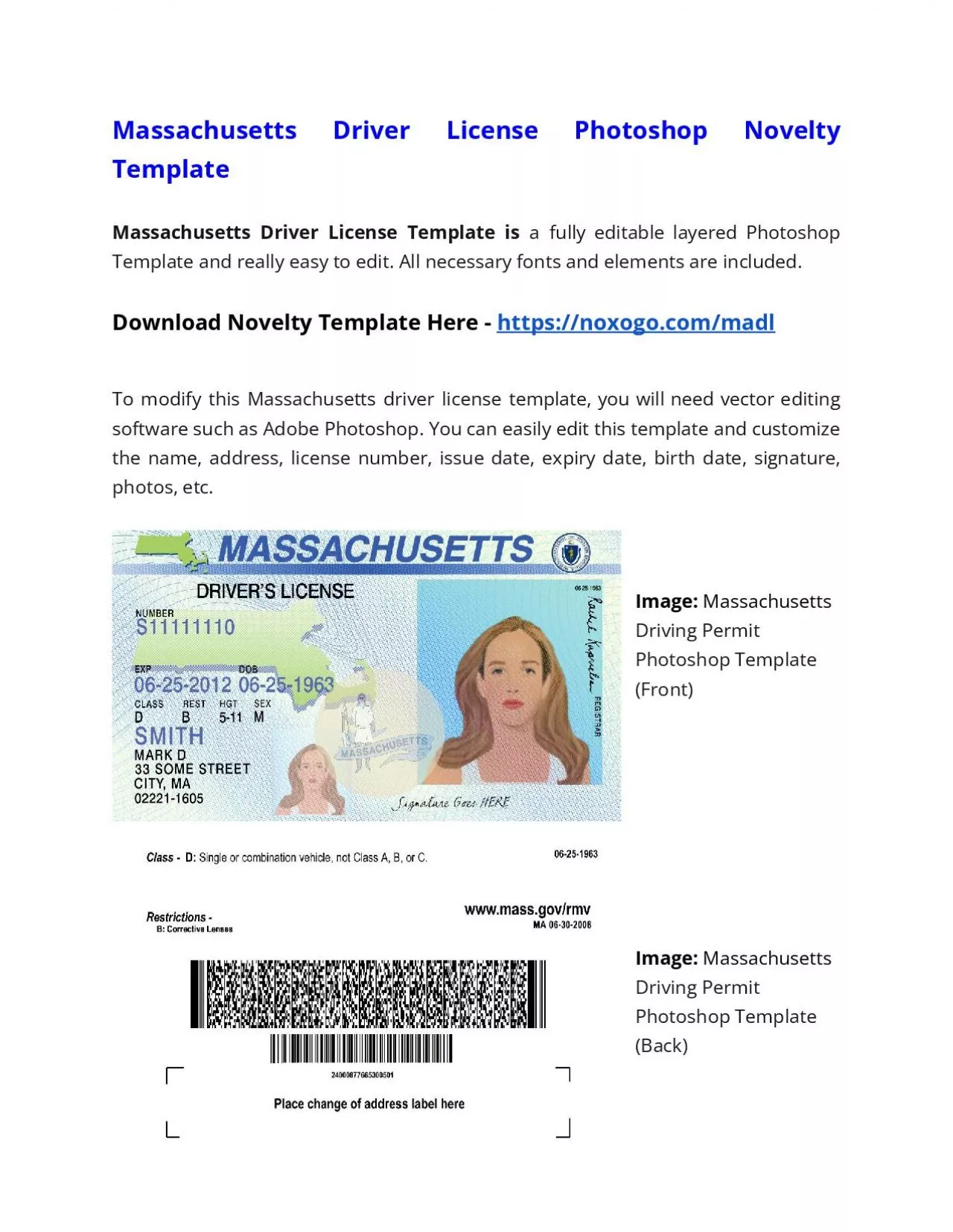 PDF-Massachusetts Drivers License Photoshop Novelty Template