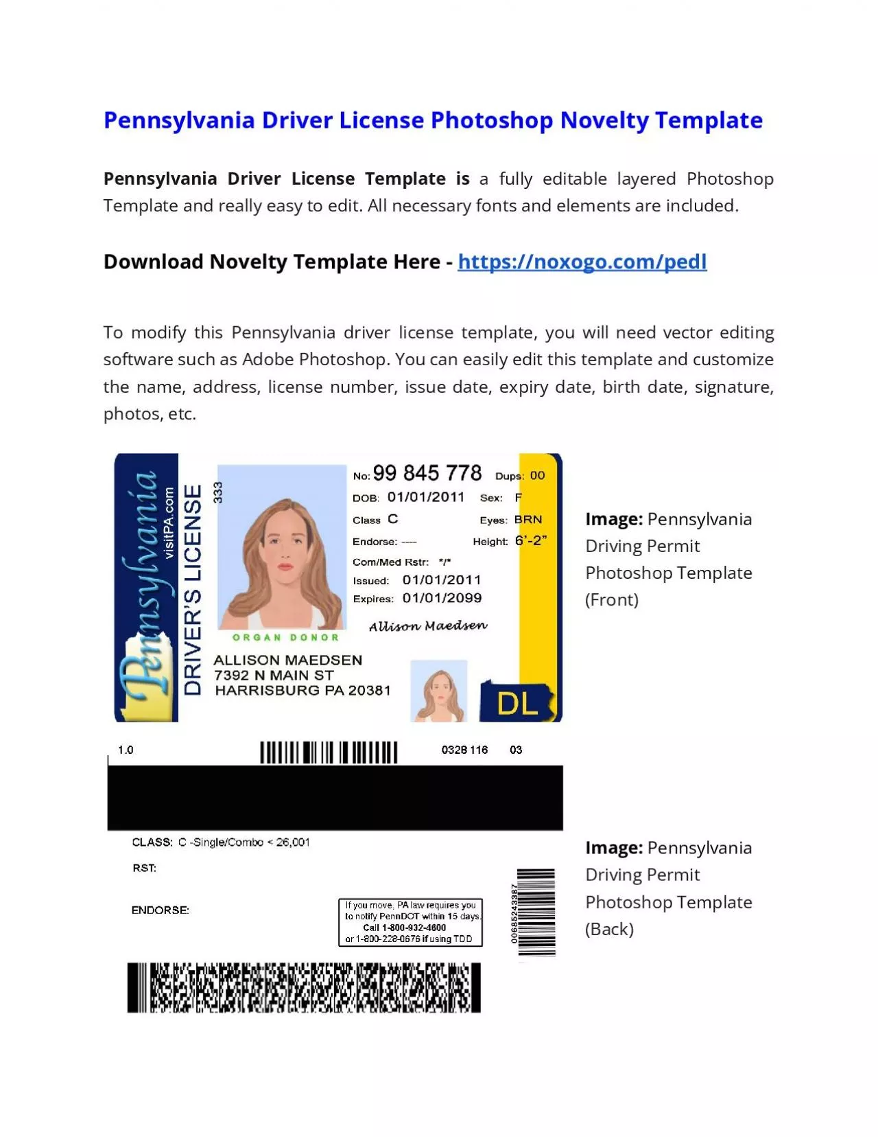 PDF-Pennsylvania Drivers License Photoshop Novelty Template