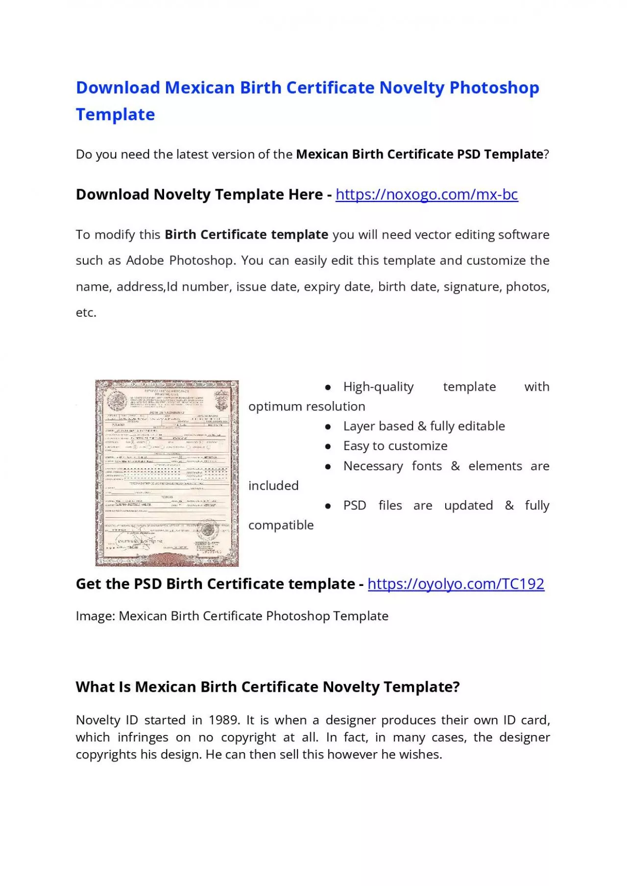 Mexican Birth Certificate PSD Template – Download Photoshop File
