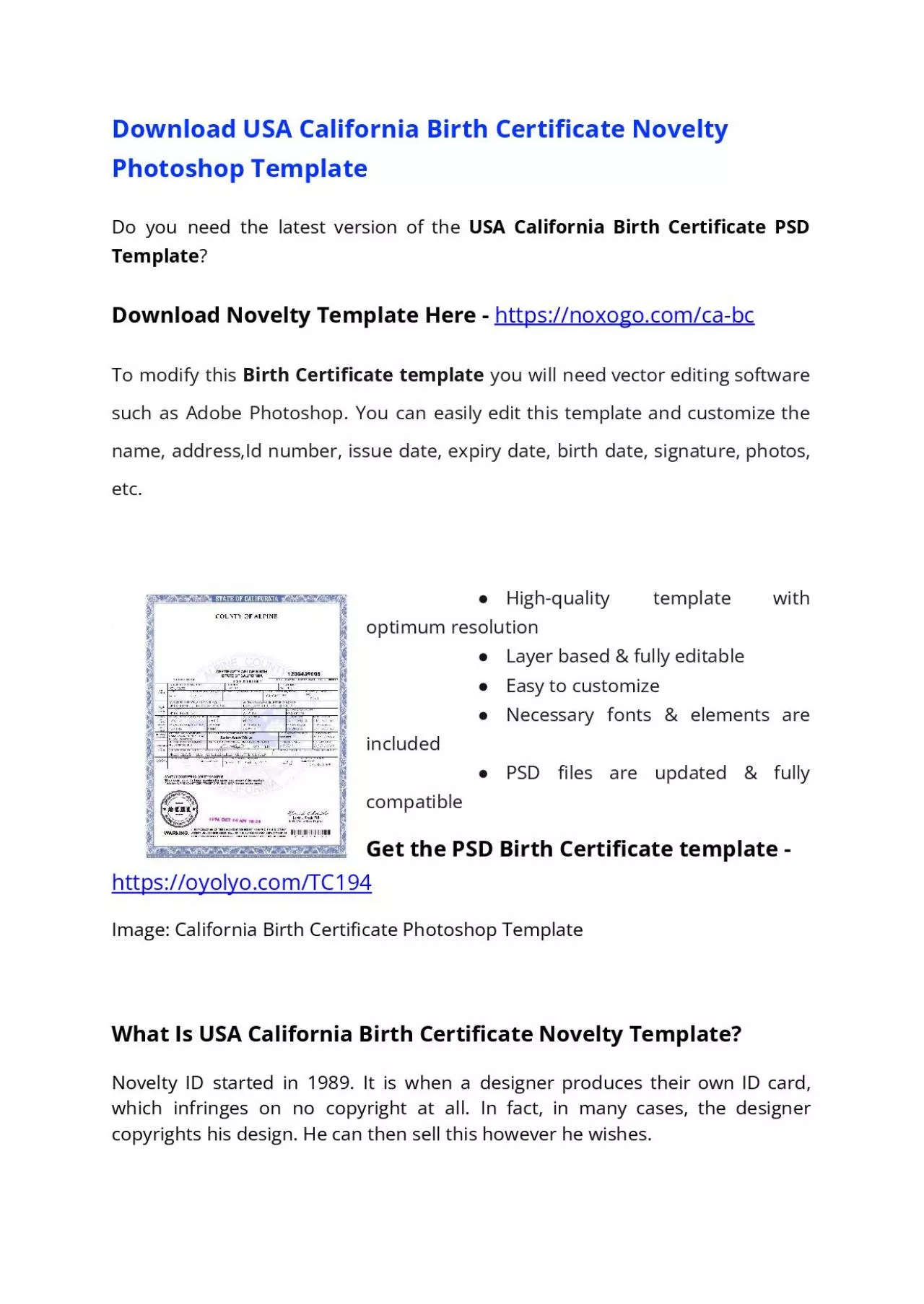 USA California Birth Certificate Template – Download MS Word File