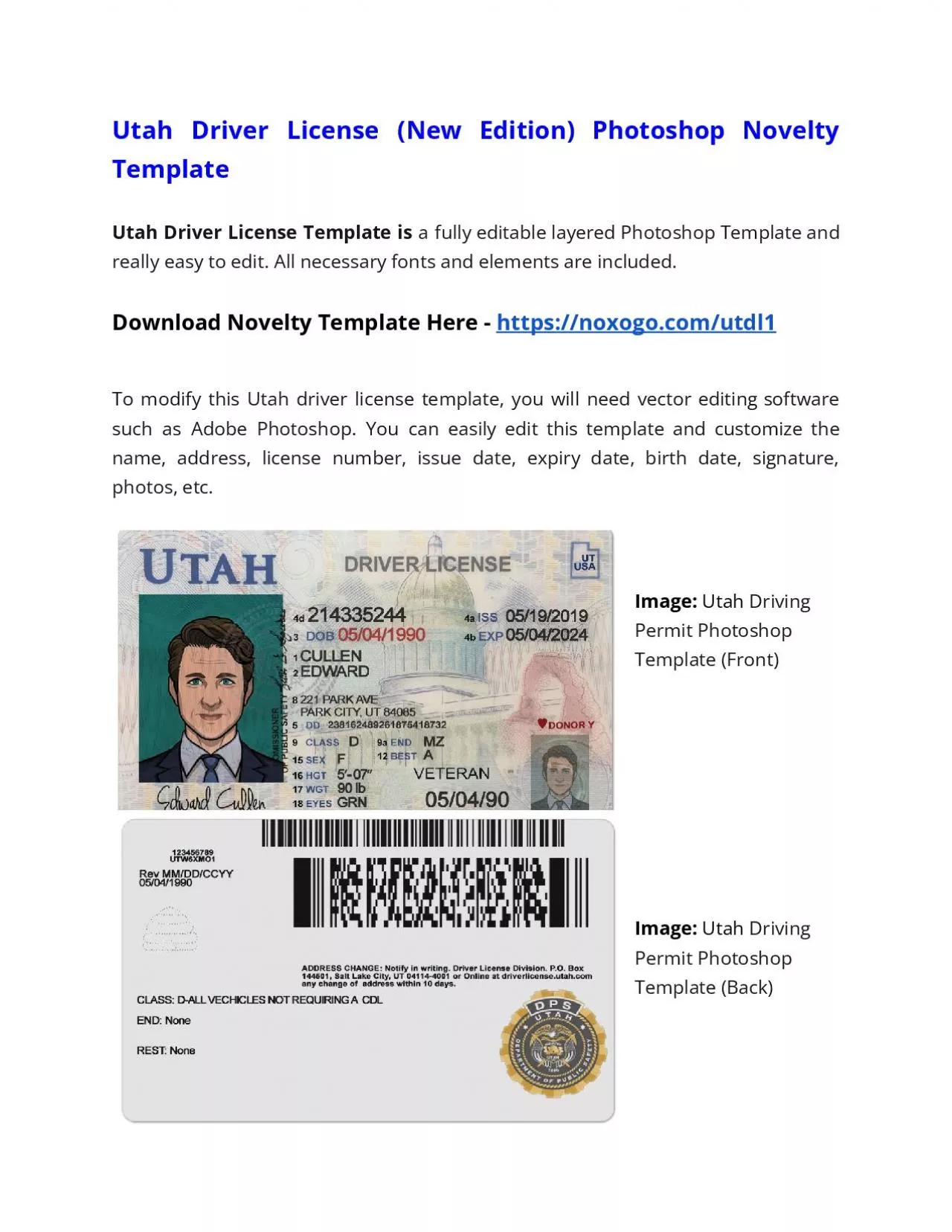 PDF-Utah Drivers License (New Edition) Photoshop Novelty Template