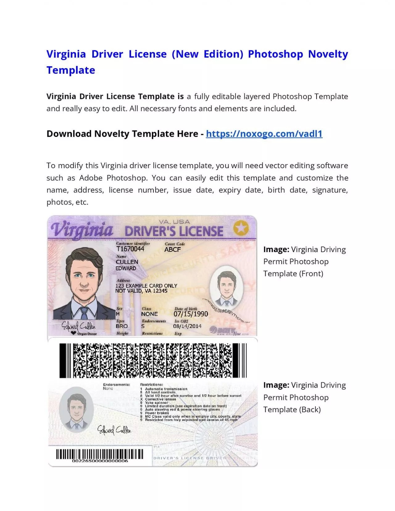 PDF-Virginia Drivers License (New Edition) Photoshop Novelty Template