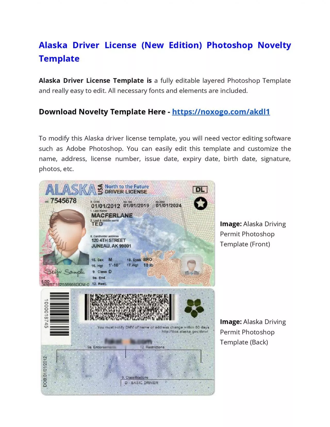 PDF-Alaska Drivers License (New Edition) Photoshop Novelty Template