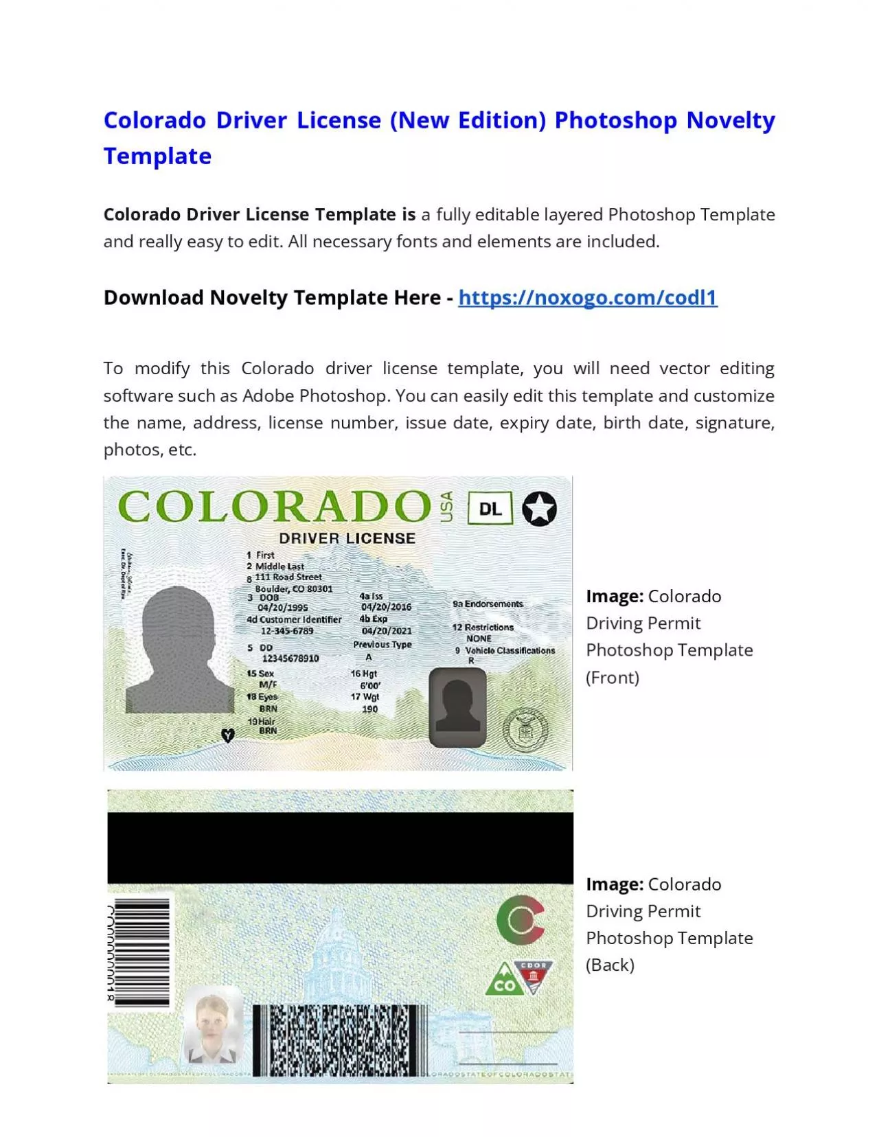 PDF-Colorado Drivers License (New Edition) Photoshop Novelty Template