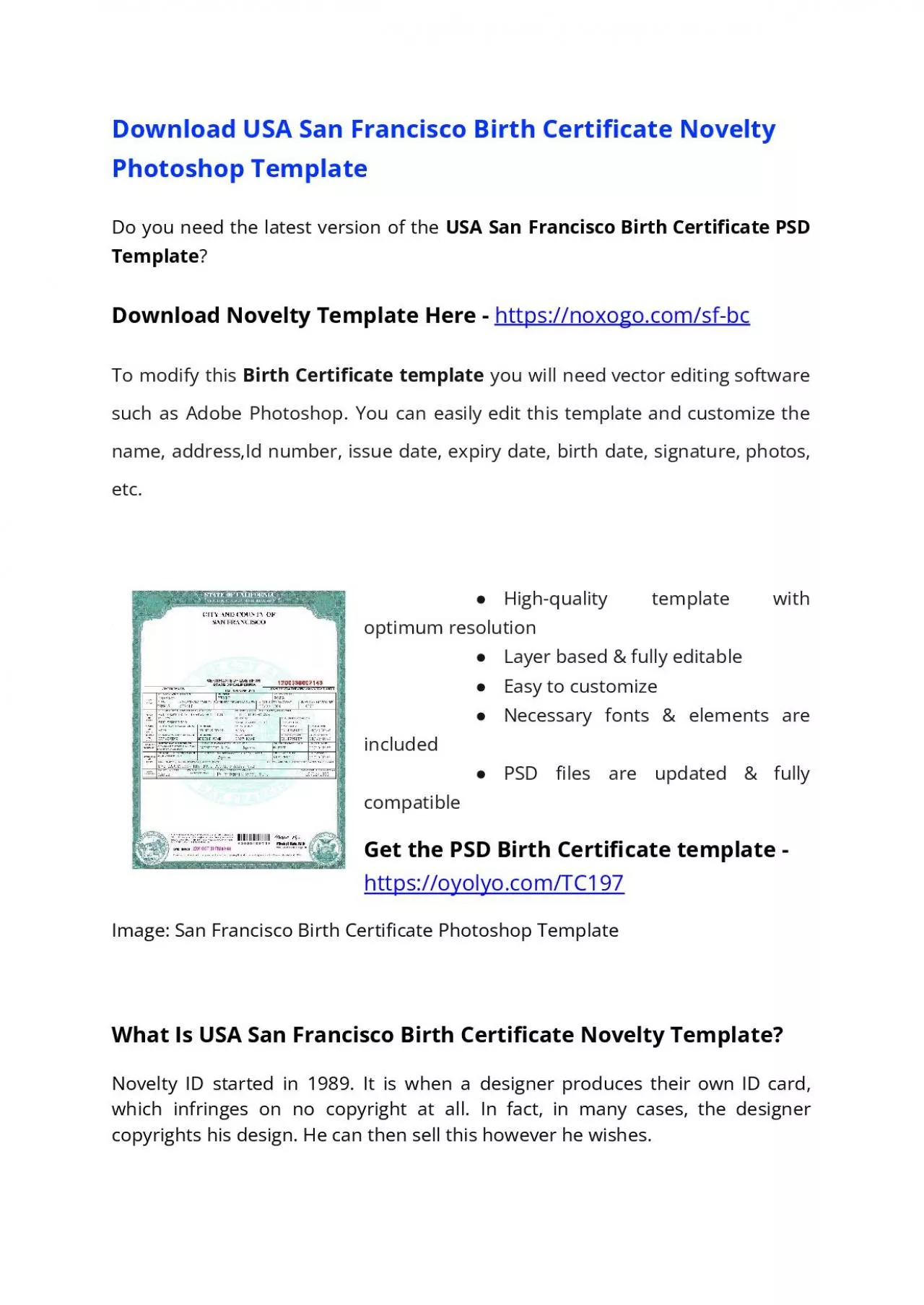 PDF-USA San Francisco Birth Certificate Template – Download MS Word File