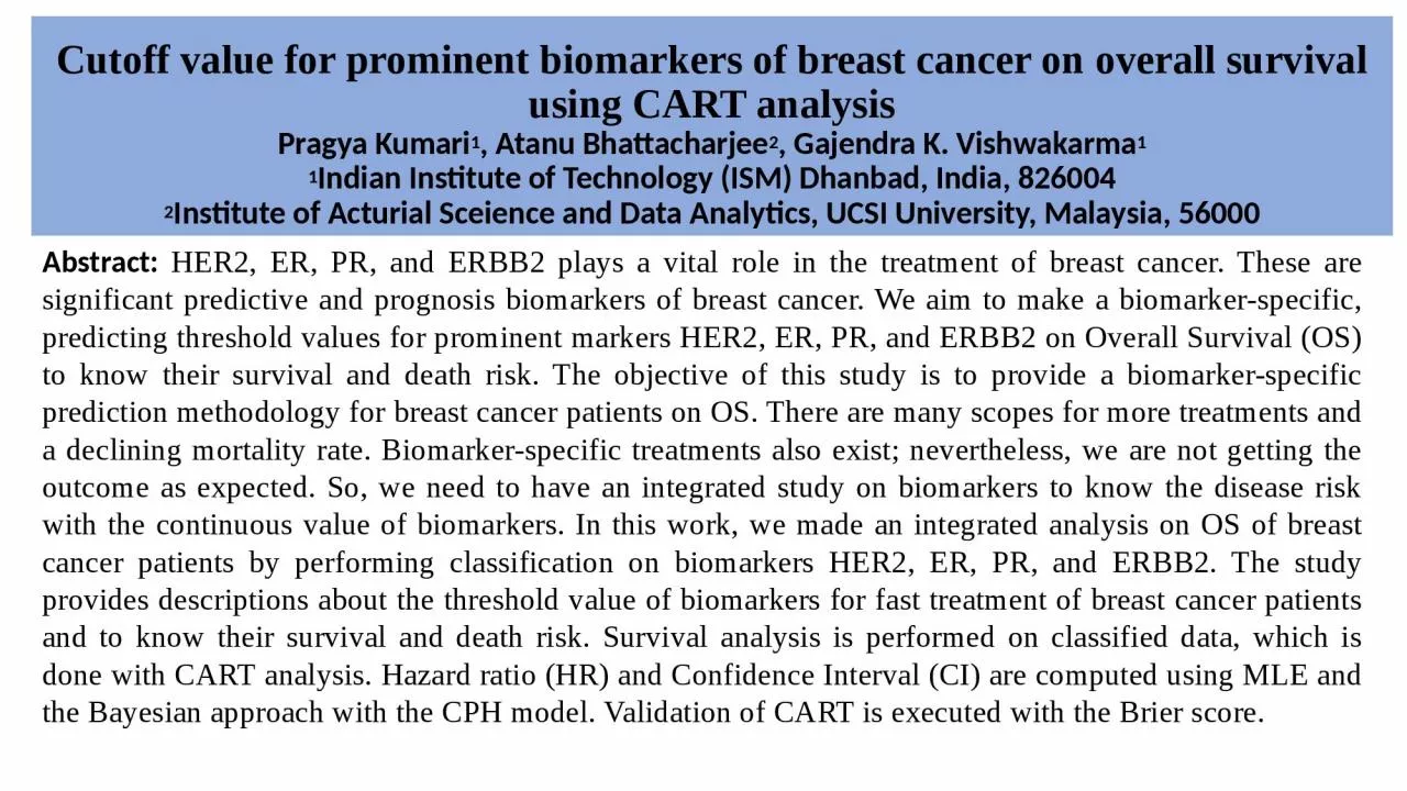 Cutoff value for prominent biomarkers of breast cancer on overall survival using CART